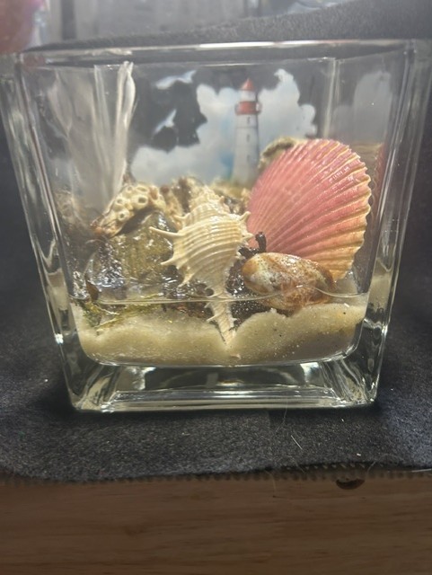Seashells in a glass container with lighthouse.